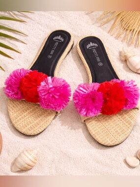 Raffia PomPom Slide Sandals Pink Red Resort Coastal Spring Beach Vacation Shoes